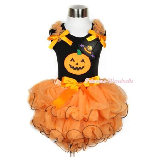 Halloween Black Baby Pettitop with Orange Ruffles & Orange Bow & Pumpkin Witch Hat & Pumpkin Print with Orange Bow Orange Petal Baby Pettiskirt NG1239 